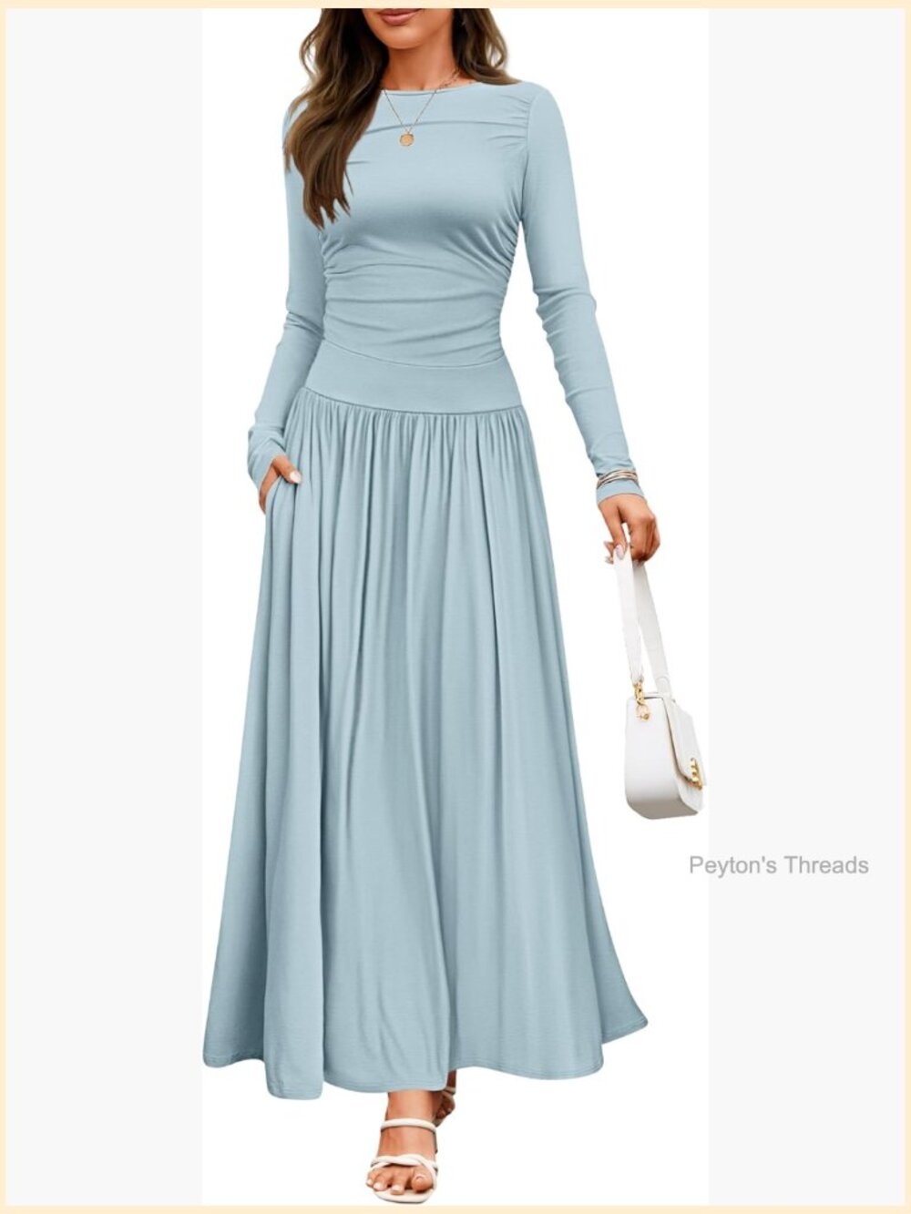 Women's Long Sleeve Crewneck Swing Pleated Maxi Dress with Pockets - Picture 1 of 7